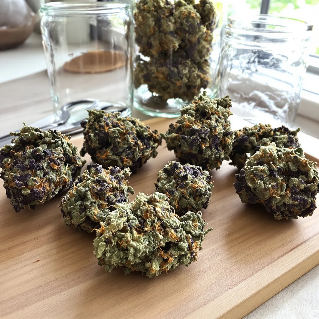 Deep Purple 70% Indica / 20% Sativa — Blüte mit sichtbaren Trichomen