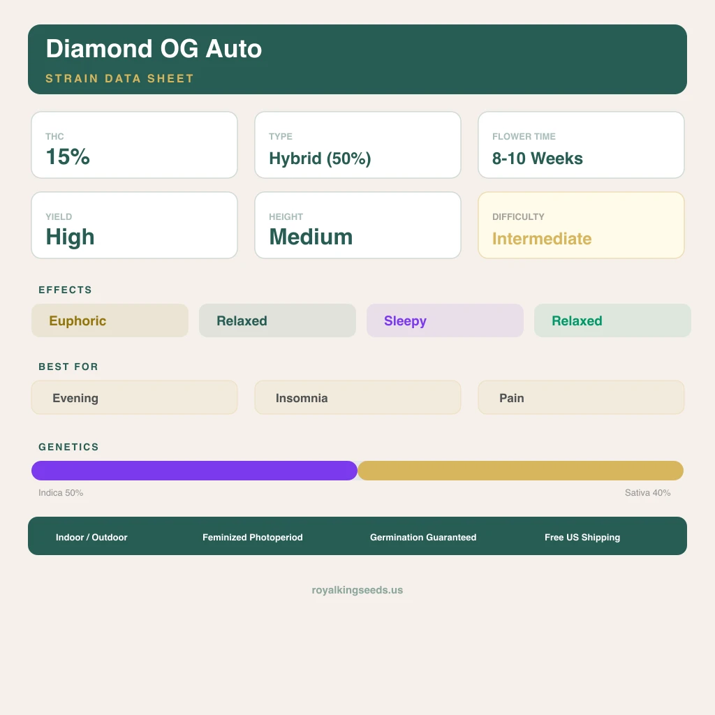 Diamond OG 50% Indica / 40% Sativa — Blüte mit sichtbaren Trichomen