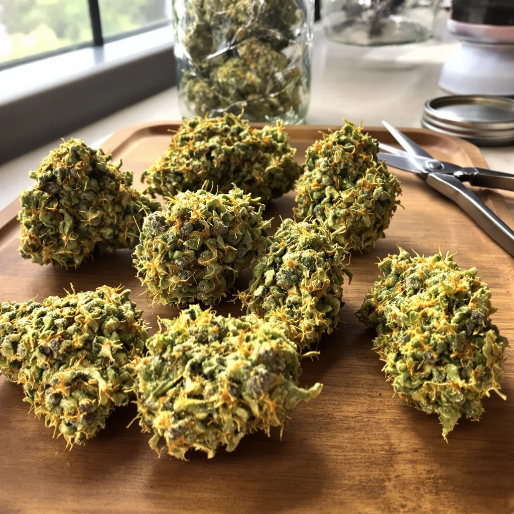 Diesel Duff 21% Indica / 79% Sativa — Blüte mit sichtbaren Trichomen