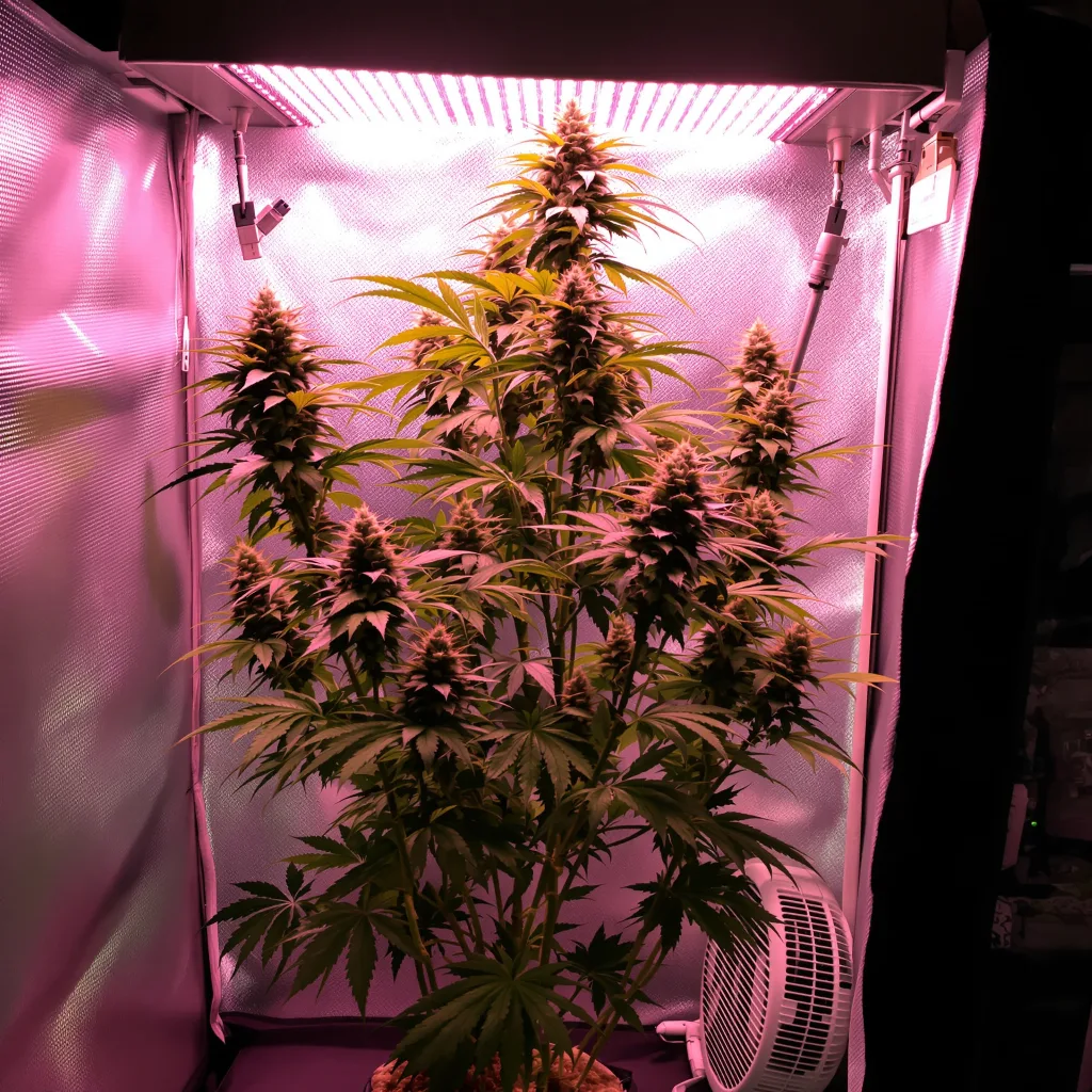 Diesel Duff 21% Indica / 79% Sativa — Blüte mit sichtbaren Trichomen