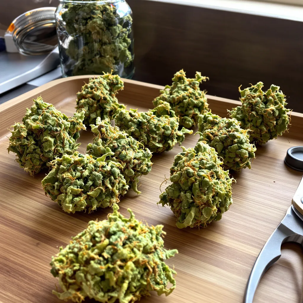 Diesel 6% Indica / 94% Sativa — Blüte mit sichtbaren Trichomen