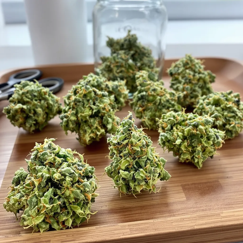 Diesel Power 5% Indica / 95% Sativa — Blüte mit sichtbaren Trichomen