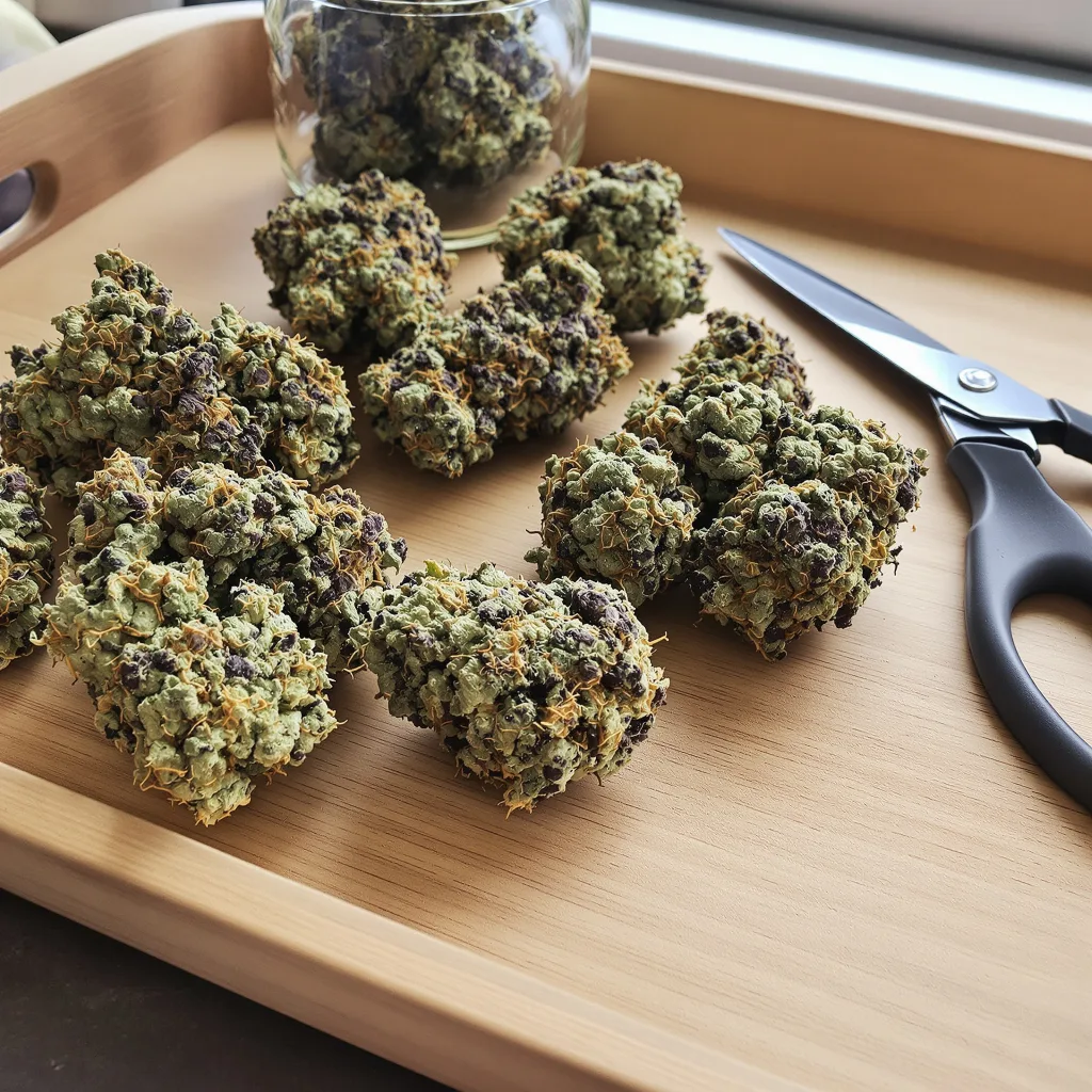 Dinachem 67% Indica / 33% Sativa — Blüte mit sichtbaren Trichomen
