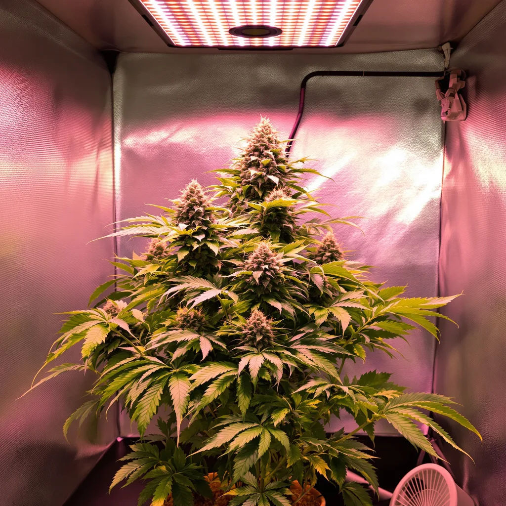 Dinachem 67% Indica / 33% Sativa — Blüte mit sichtbaren Trichomen