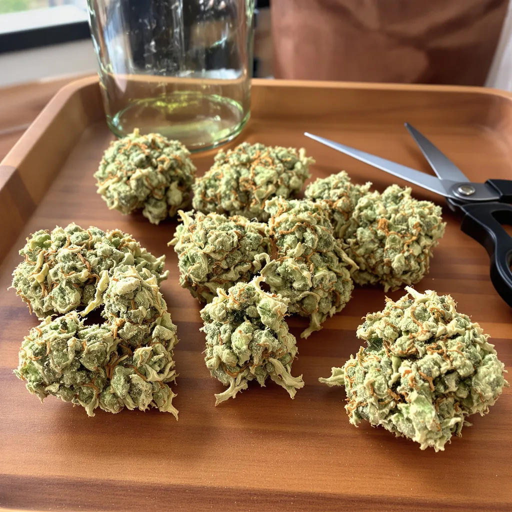 Divine CBD 43% Indica / 57% Sativa — Blüte mit sichtbaren Trichomen
