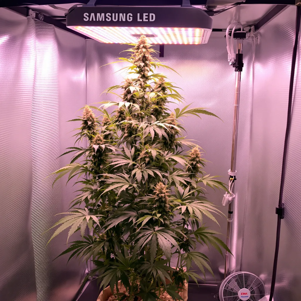 Dizzy OG 16% Indica / 84% Sativa — Blüte mit sichtbaren Trichomen
