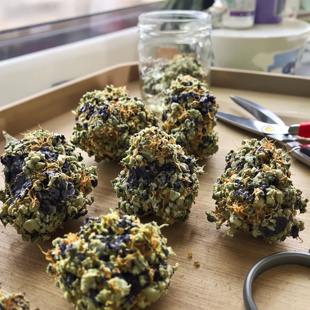 DJ Short Blueberry 80% Indica / 20% Sativa — Blüte mit sichtbaren Trichomen