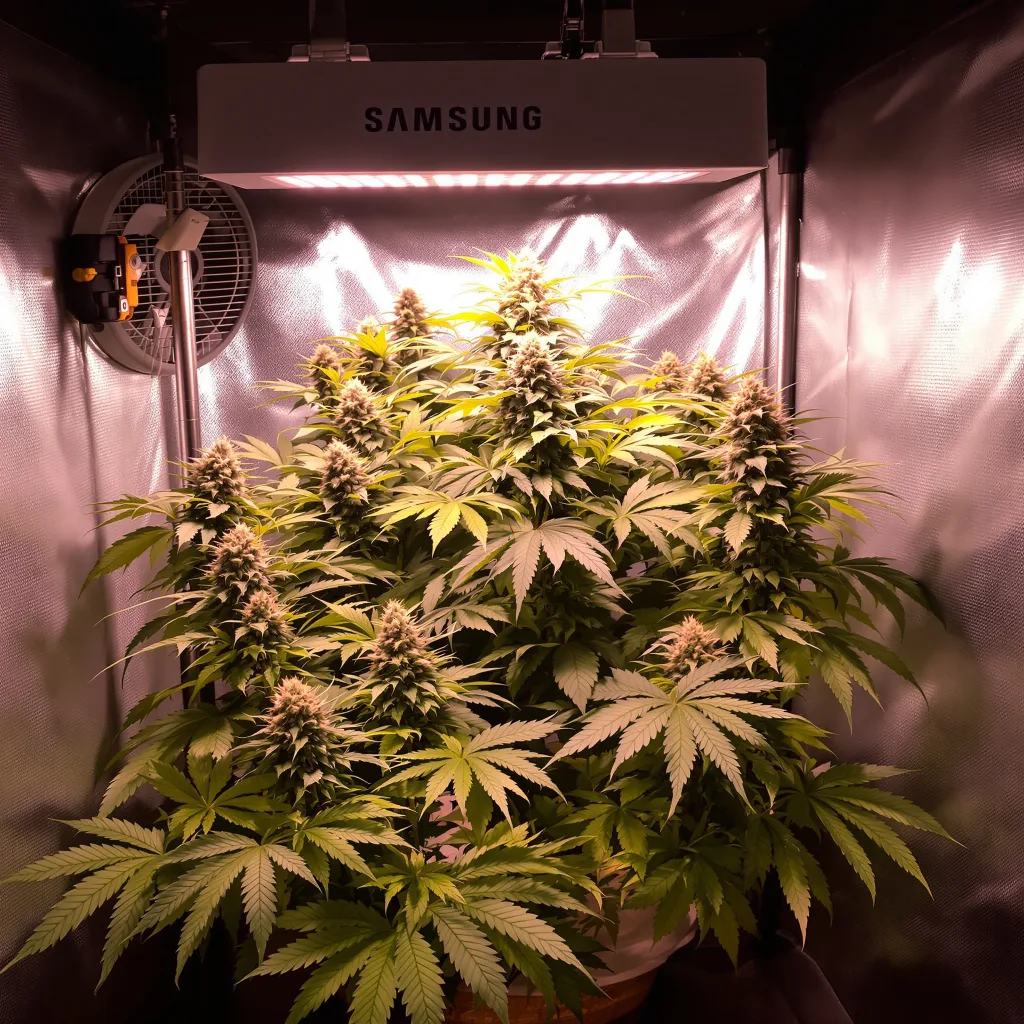 DJ Short Blueberry 80% Indica / 20% Sativa — Blüte mit sichtbaren Trichomen