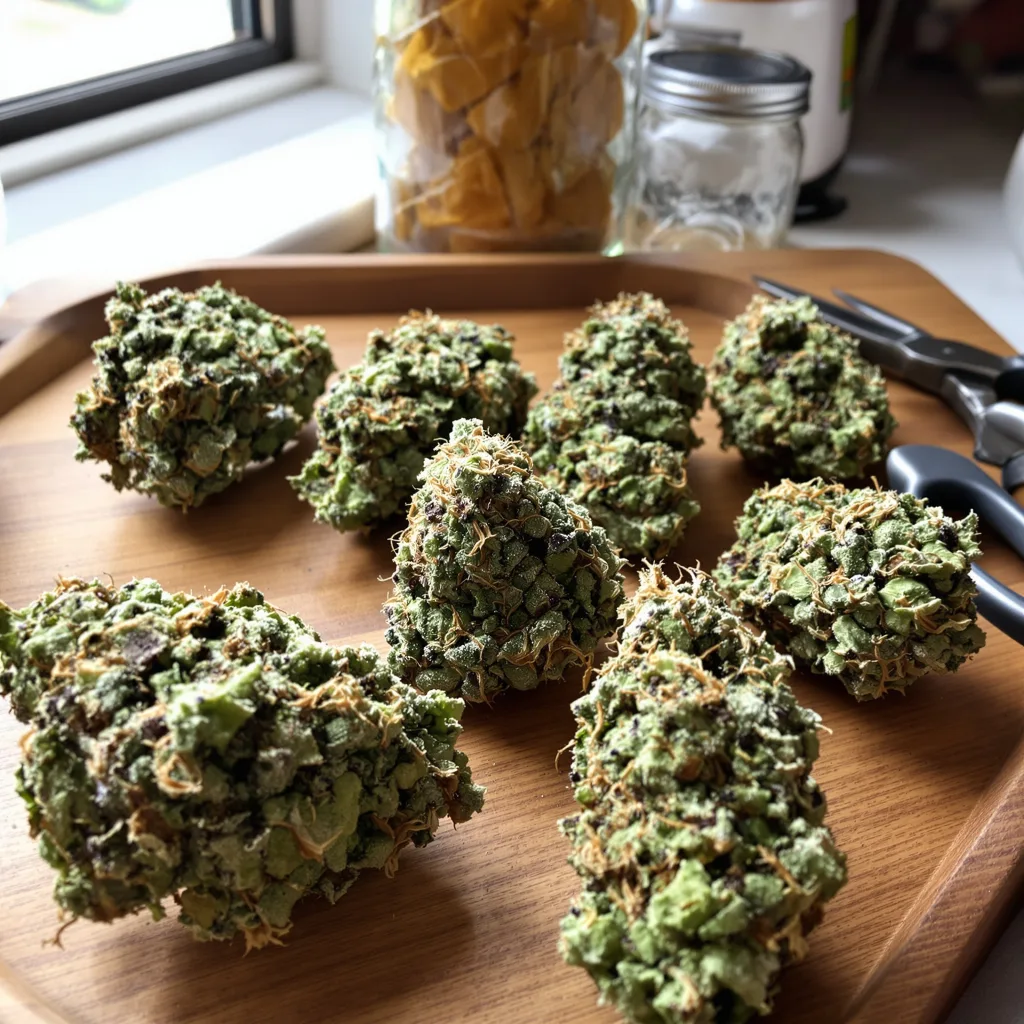 Donna OG 50% Indica / 50% Sativa — Blüte mit sichtbaren Trichomen