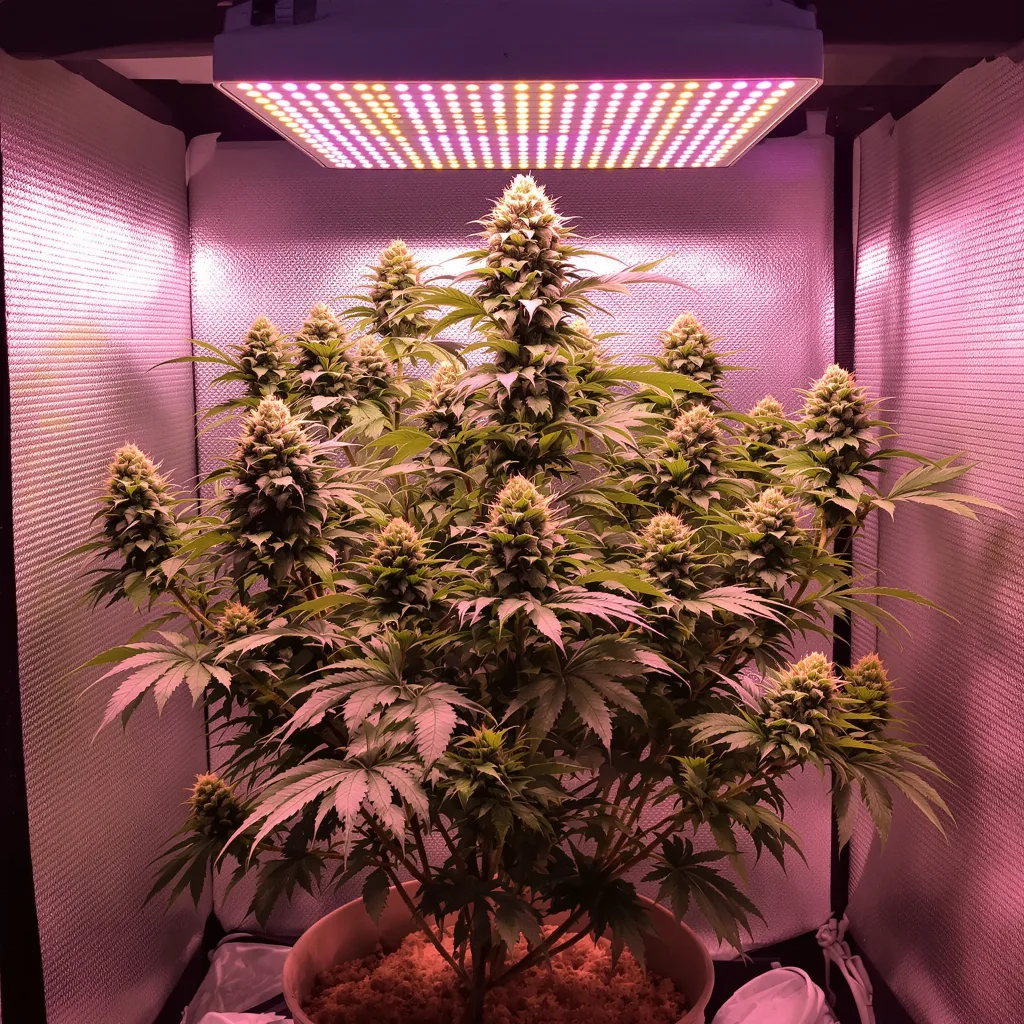 Donna OG 50% Indica / 50% Sativa — Blüte mit sichtbaren Trichomen