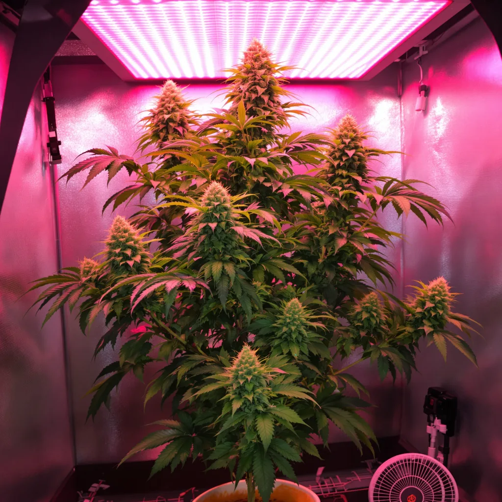 Double Bubble 45% Indica / 55% Sativa — Blüte mit sichtbaren Trichomen