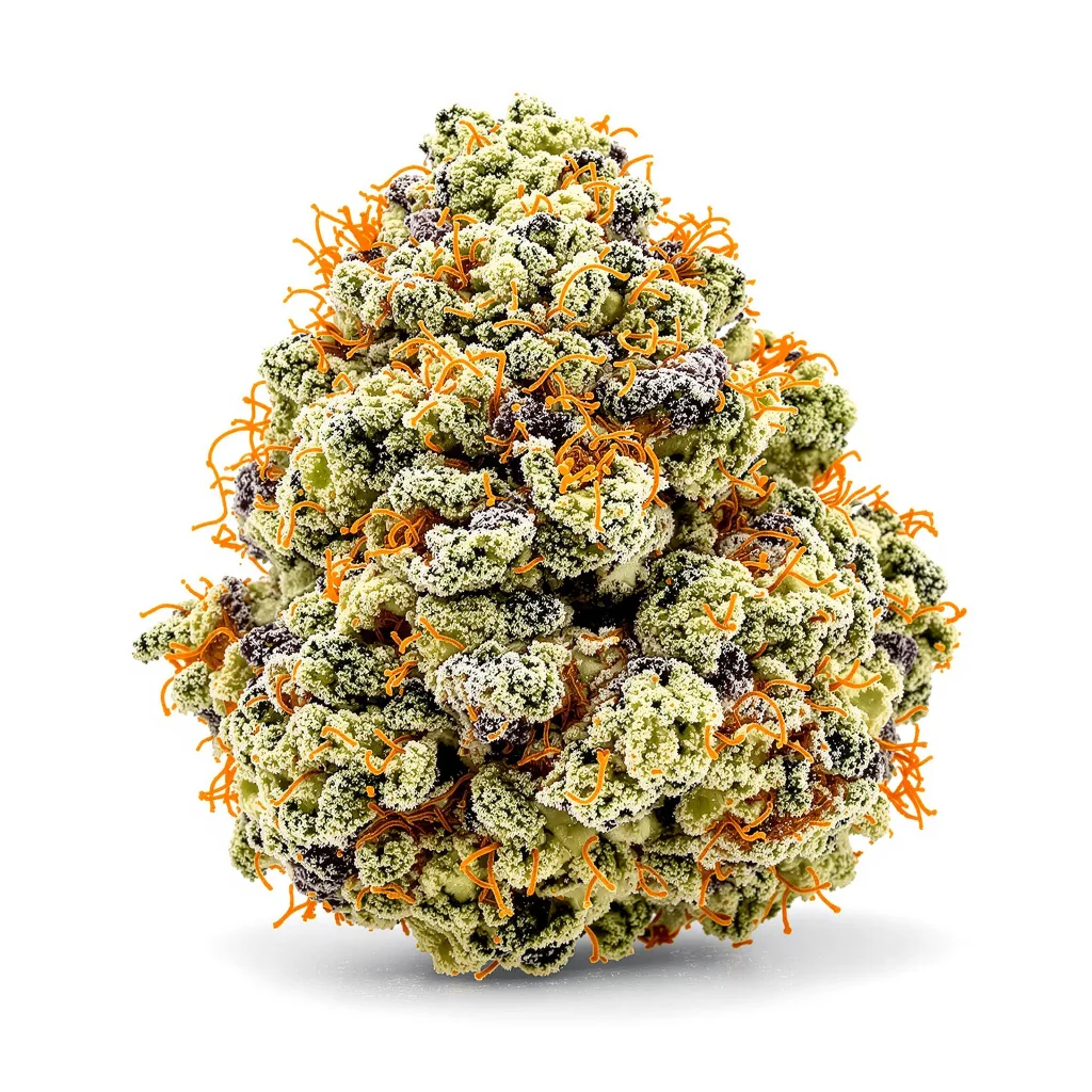 Double Bubble 45% Indica / 55% Sativa — Blüte mit sichtbaren Trichomen
