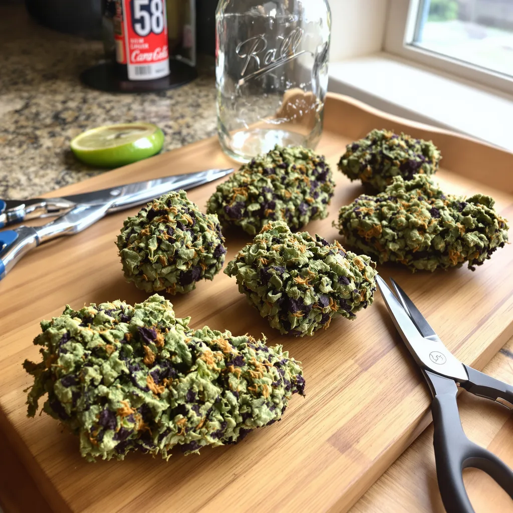 Double OG 85% Indica / 15% Sativa — Blüte mit sichtbaren Trichomen