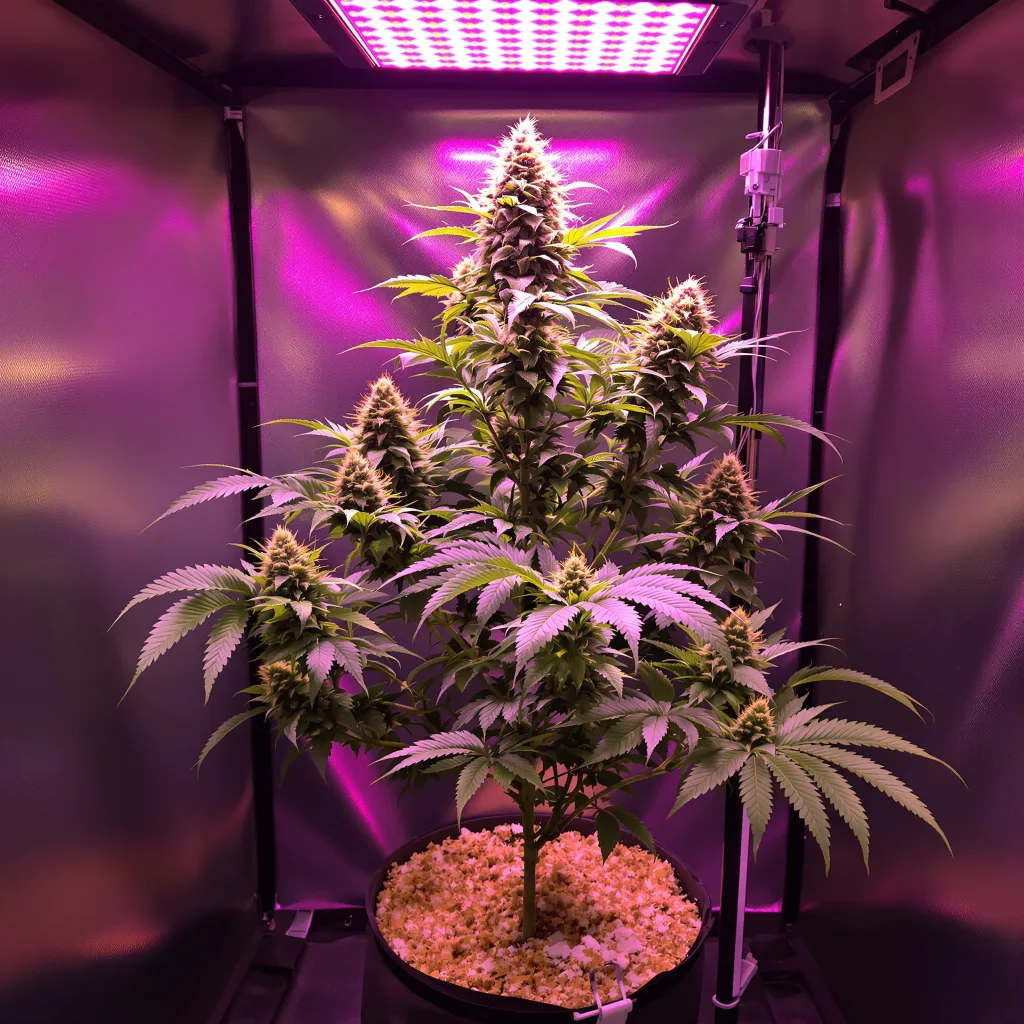 Double OG 85% Indica / 15% Sativa — Blüte mit sichtbaren Trichomen