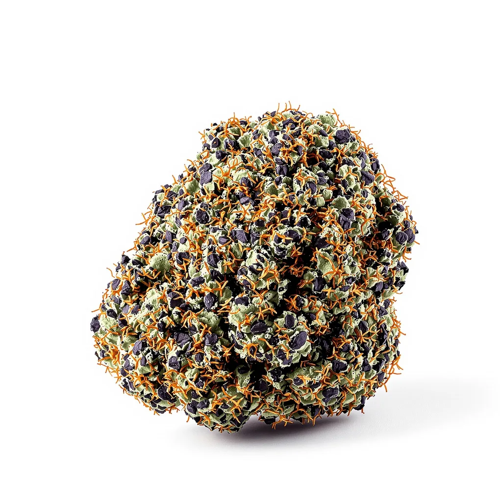 Double Tangie Banana 78% Indica / 22% Sativa — Blüte mit sichtbaren Trichomen