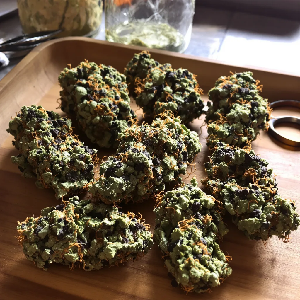 Dr. Funk 72% Indica / 28% Sativa — Blüte mit sichtbaren Trichomen