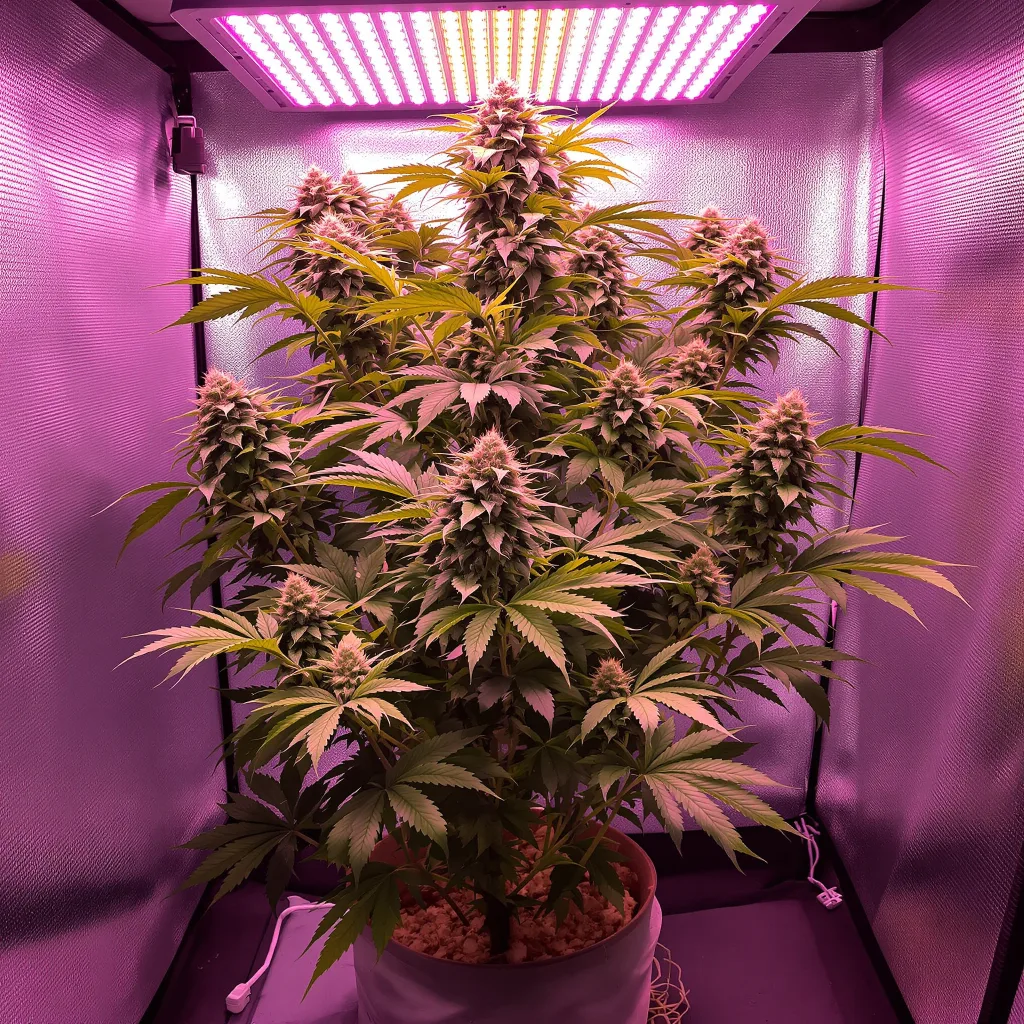 Dr. Funk 72% Indica / 28% Sativa — Blüte mit sichtbaren Trichomen