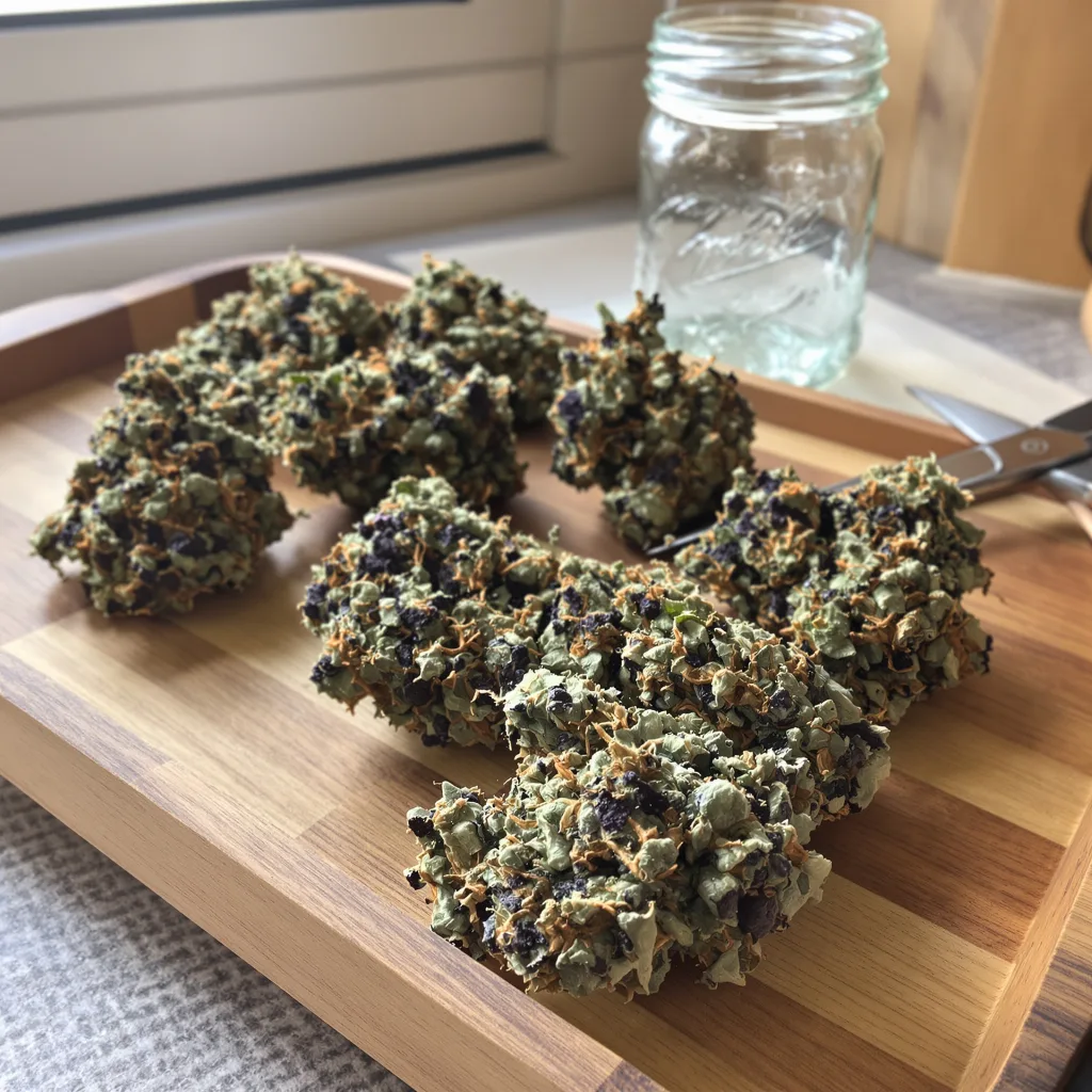 Dream Police 73% Indica / 27% Sativa — Blüte mit sichtbaren Trichomen