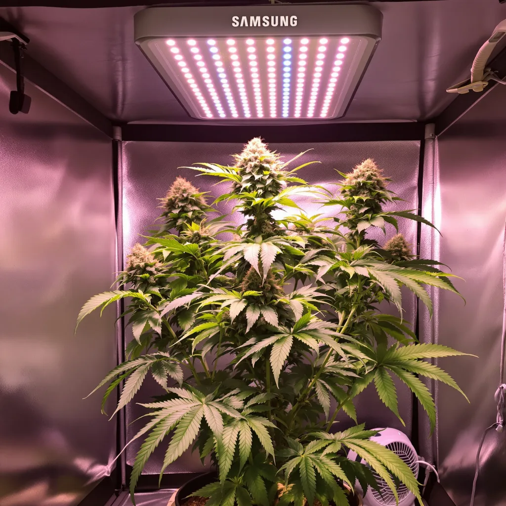 Dream Police 73% Indica / 27% Sativa — Blüte mit sichtbaren Trichomen