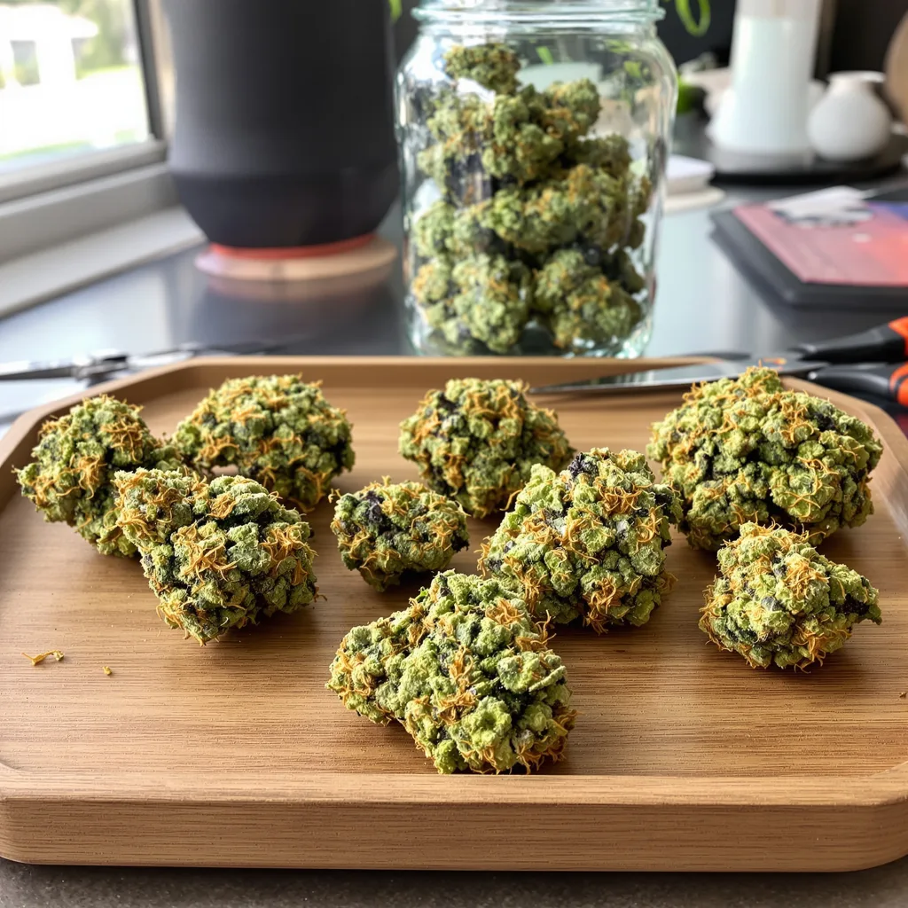 Durban Poison 50% Indica / 90% Sativa — Blüte mit sichtbaren Trichomen