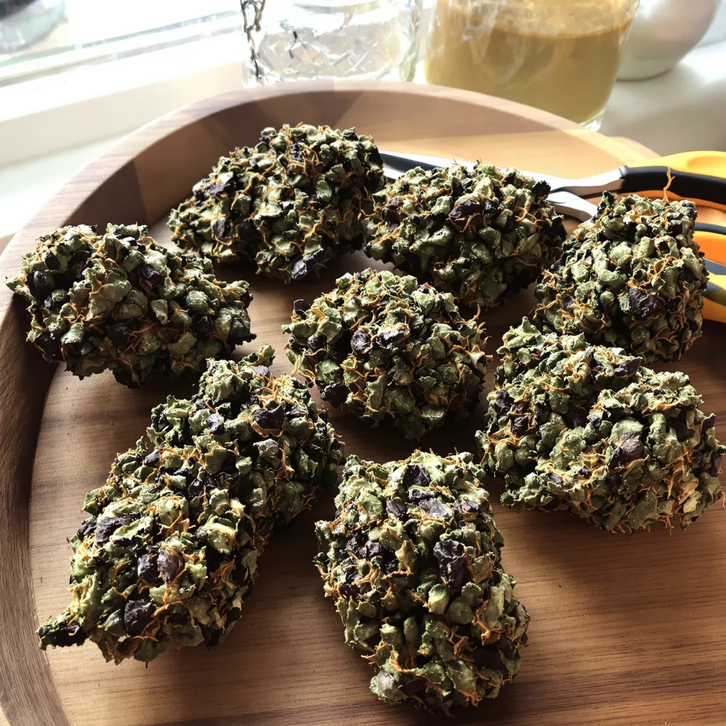 Dutch Treat 68% Indica / 32% Sativa — Blüte mit sichtbaren Trichomen