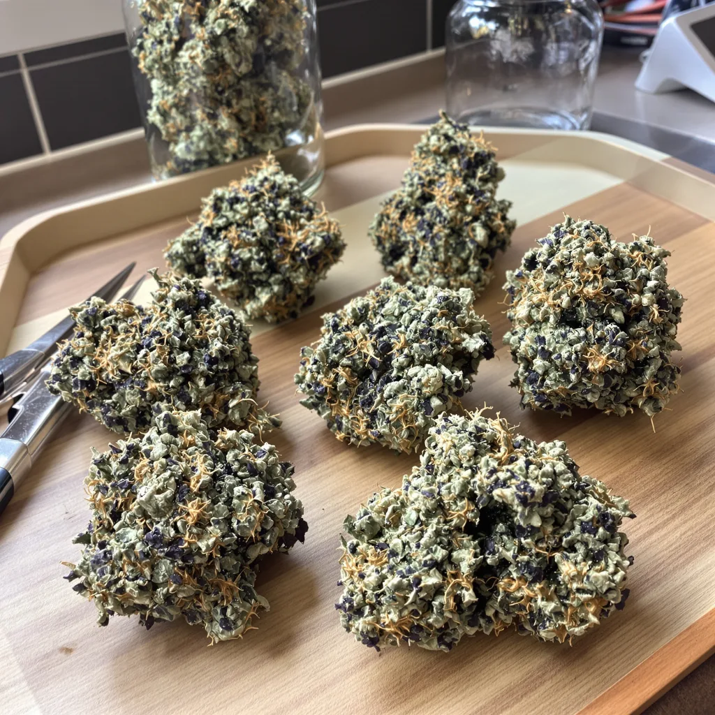 Dynamite 85% Indica / 15% Sativa — Blüte mit sichtbaren Trichomen