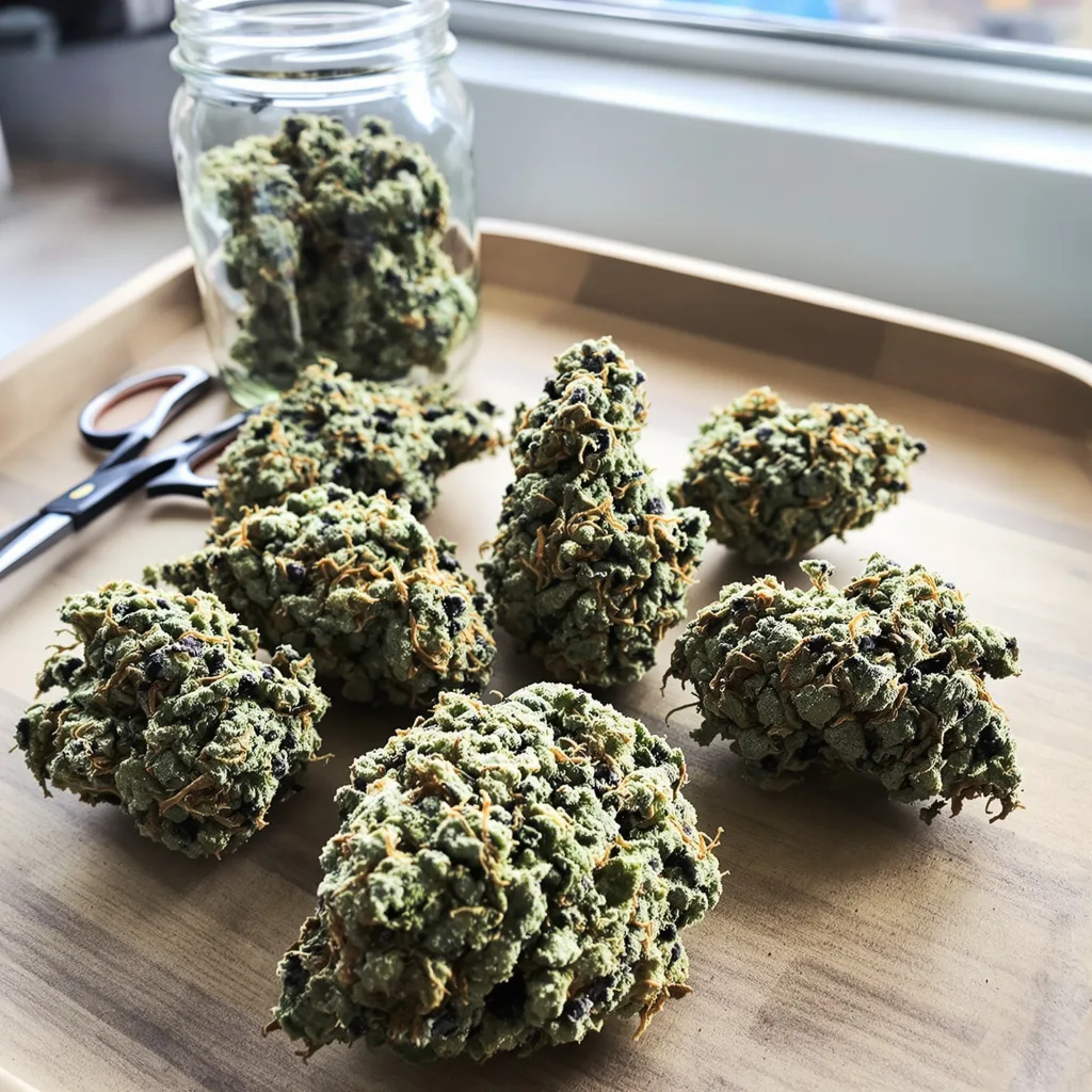 Envy 44% Indica / 56% Sativa — Blüte mit sichtbaren Trichomen
