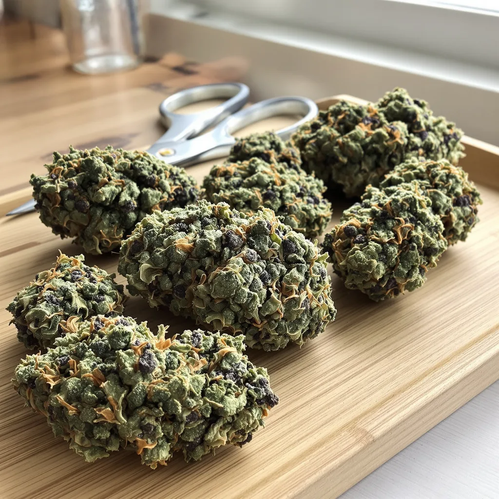 Exodus Cheese 50% Indica / 50% Sativa — Blüte mit sichtbaren Trichomen