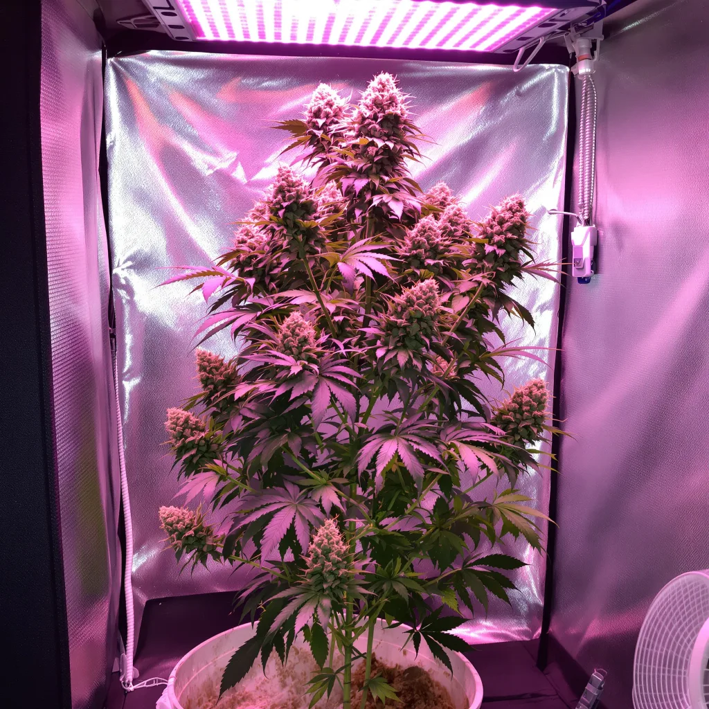 Exodus Cheese 50% Indica / 50% Sativa — Blüte mit sichtbaren Trichomen