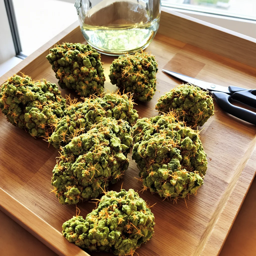 Fat Nelson 16% Indica / 84% Sativa — Blüte mit sichtbaren Trichomen