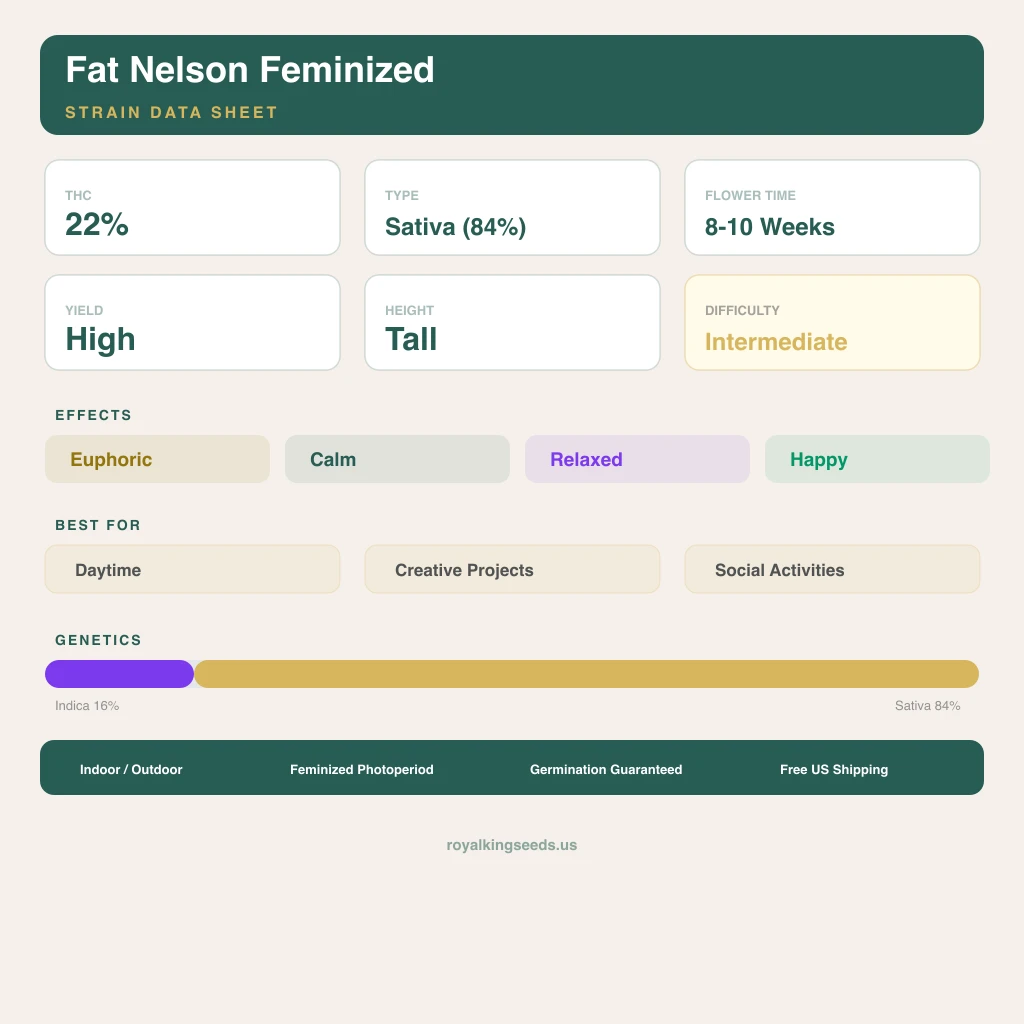 Fat Nelson 16% Indica / 84% Sativa — Blüte mit sichtbaren Trichomen