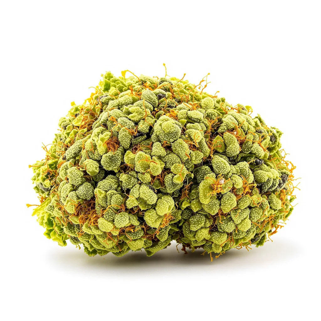 Fat Nelson 16% Indica / 84% Sativa — Blüte mit sichtbaren Trichomen