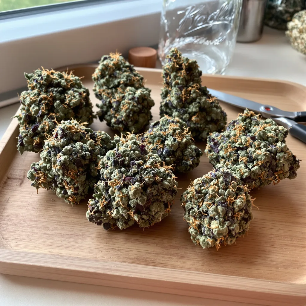 Fire OG 86% Indica / 14% Sativa — Blüte mit sichtbaren Trichomen