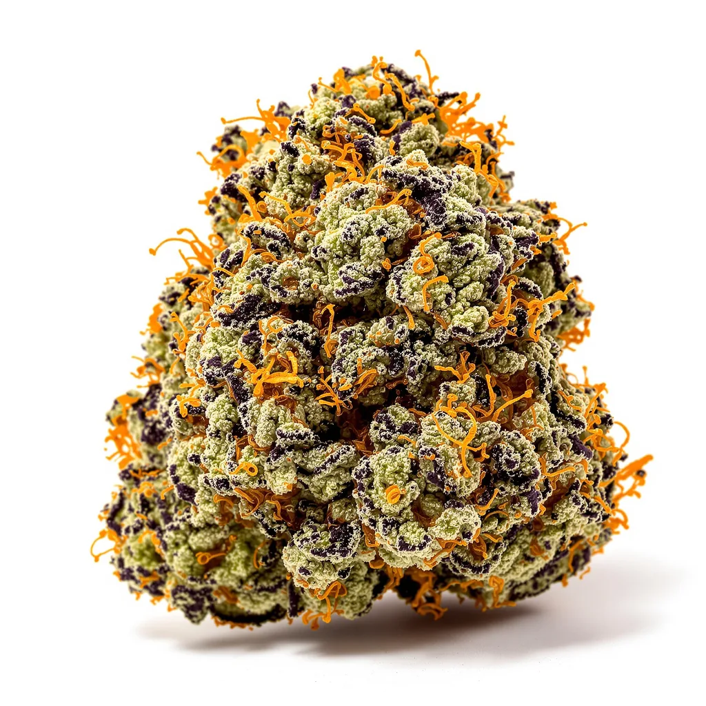 Fire OG 86% Indica / 14% Sativa — Blüte mit sichtbaren Trichomen