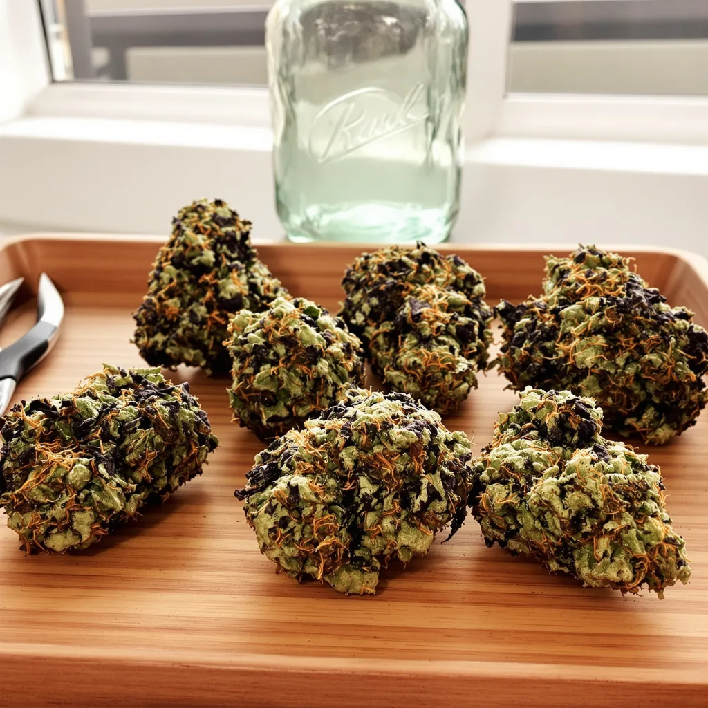 Flo OG 71% Indica / 29% Sativa — Blüte mit sichtbaren Trichomen