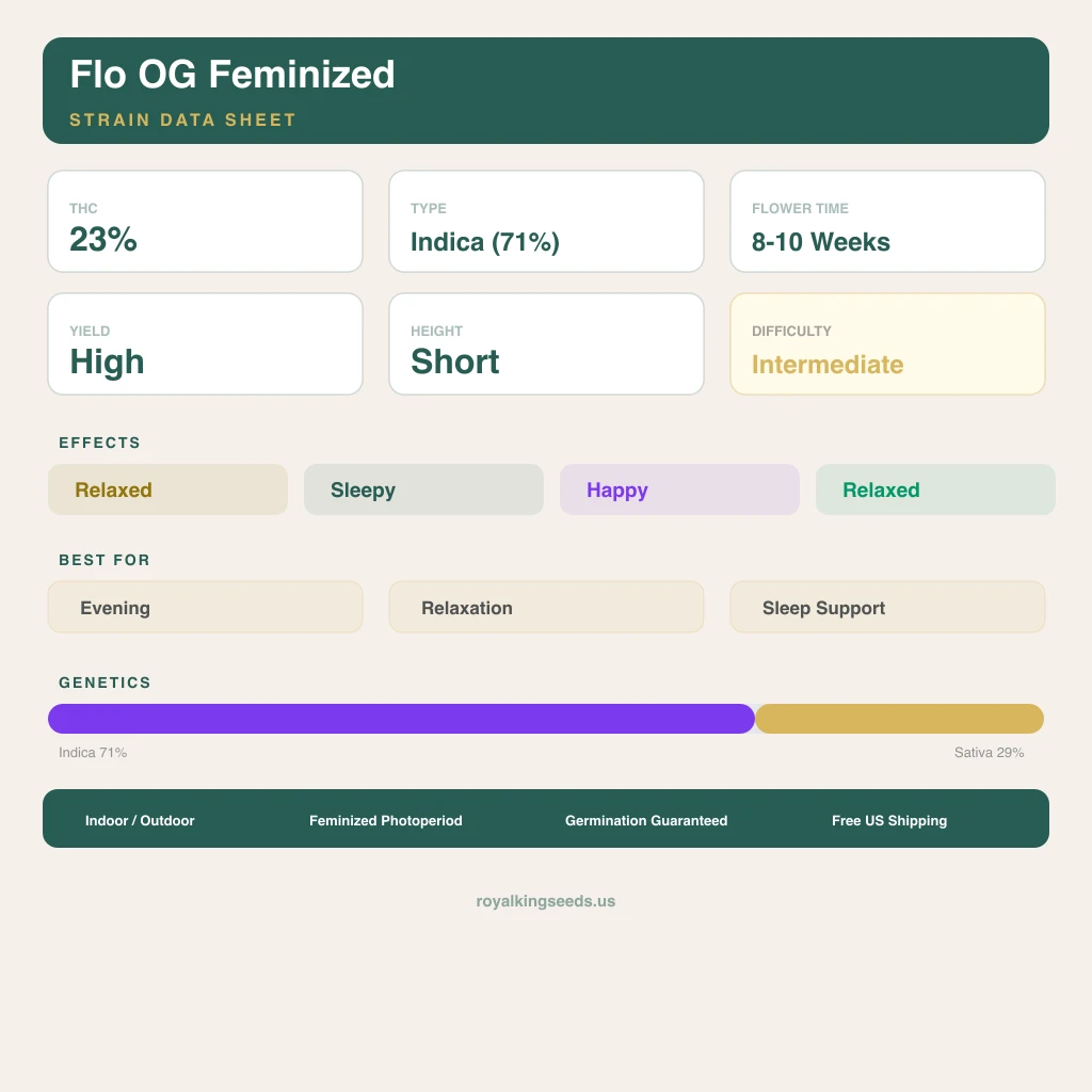 Flo OG 71% Indica / 29% Sativa — Blüte mit sichtbaren Trichomen