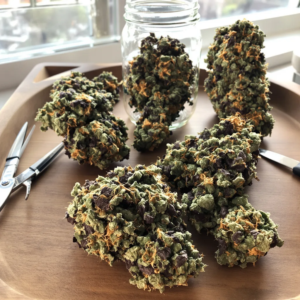 Flowerbomb Kush 67% Indica / 33% Sativa — Blüte mit sichtbaren Trichomen