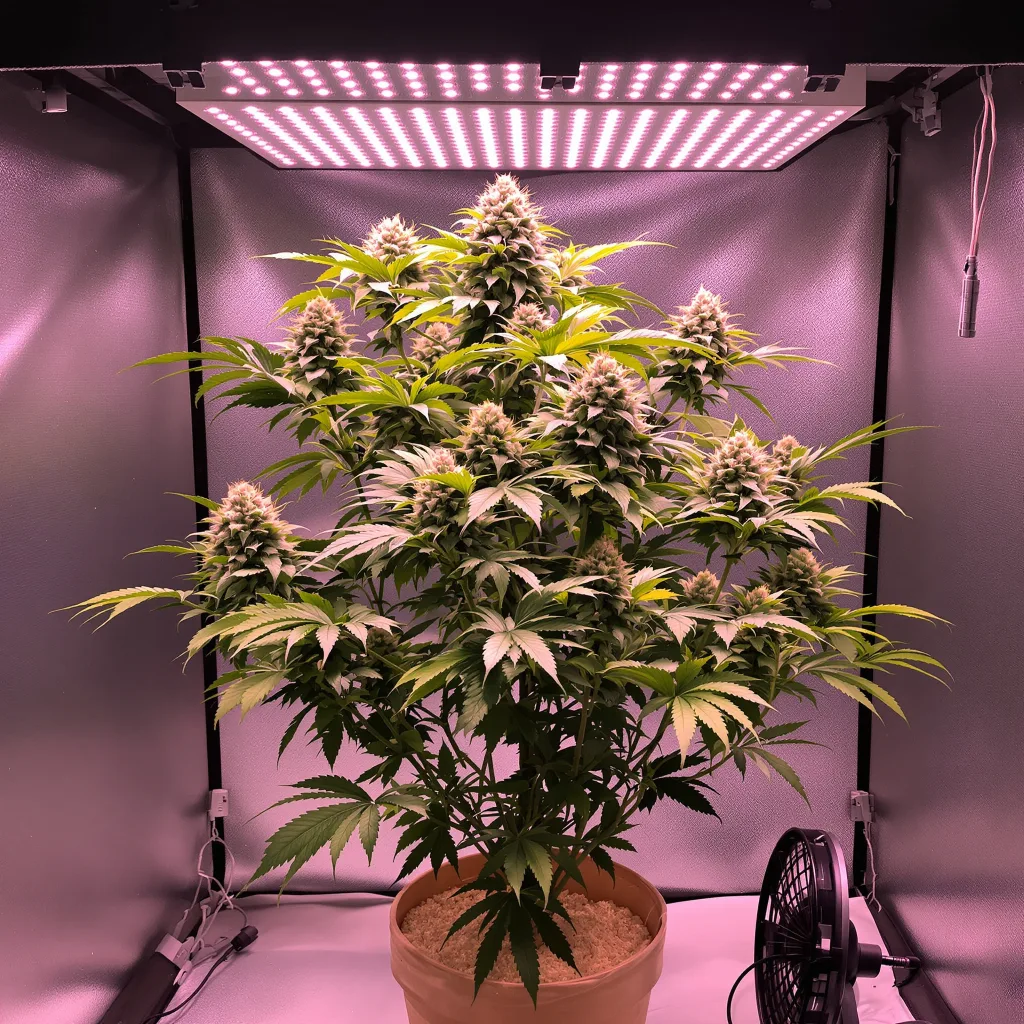 Flowerbomb Kush 67% Indica / 33% Sativa — Blüte mit sichtbaren Trichomen