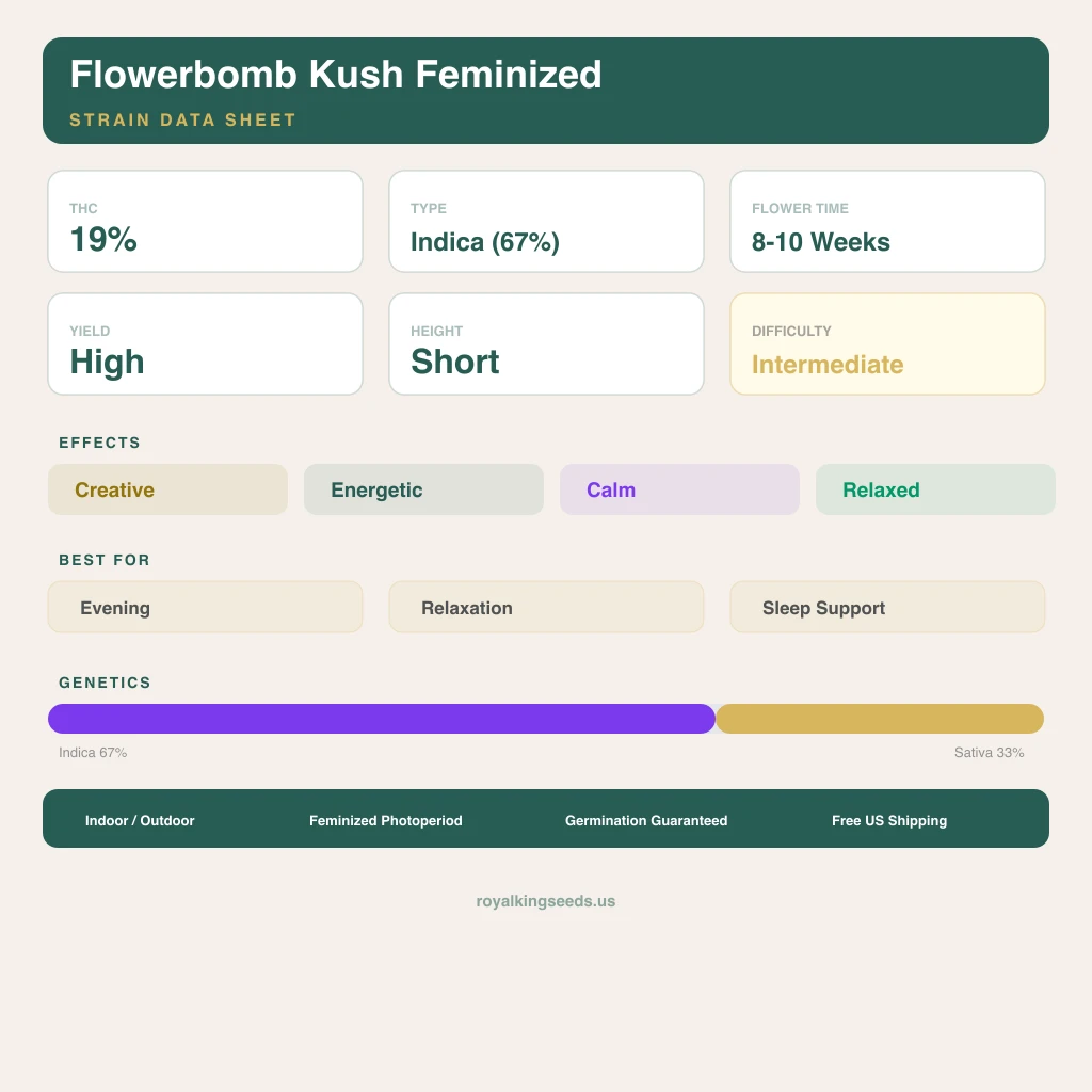 Flowerbomb Kush 67% Indica / 33% Sativa — Blüte mit sichtbaren Trichomen