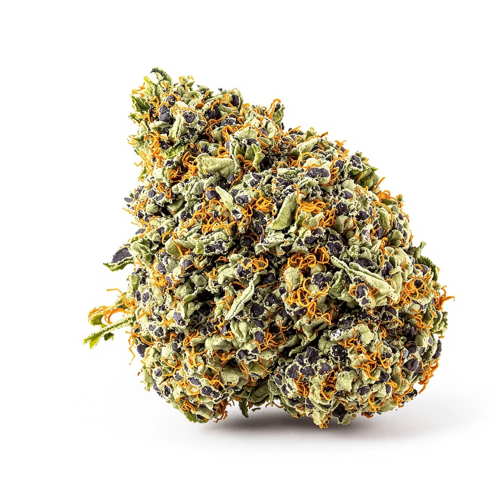 Flowerbomb Kush 67% Indica / 33% Sativa — Blüte mit sichtbaren Trichomen