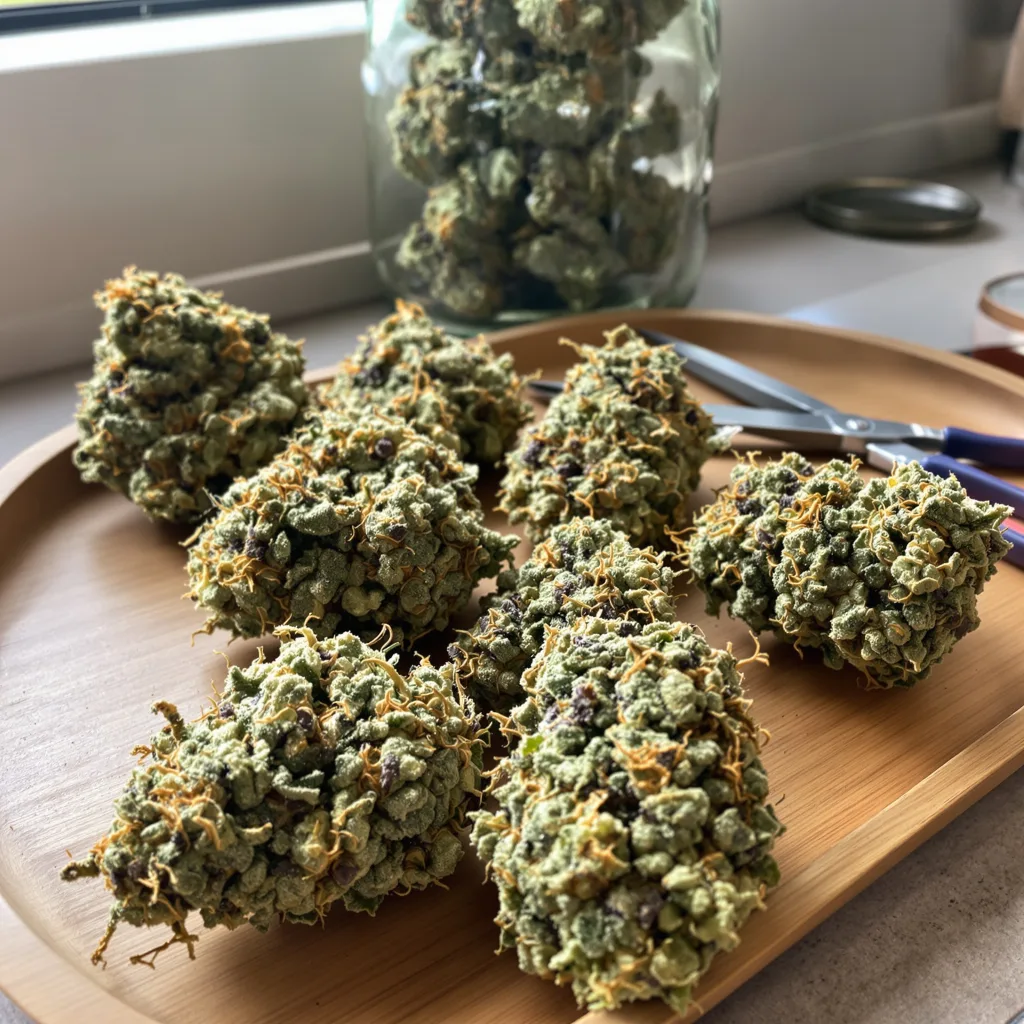 Four Star General 62% Indica / 38% Sativa — Blüte mit sichtbaren Trichomen