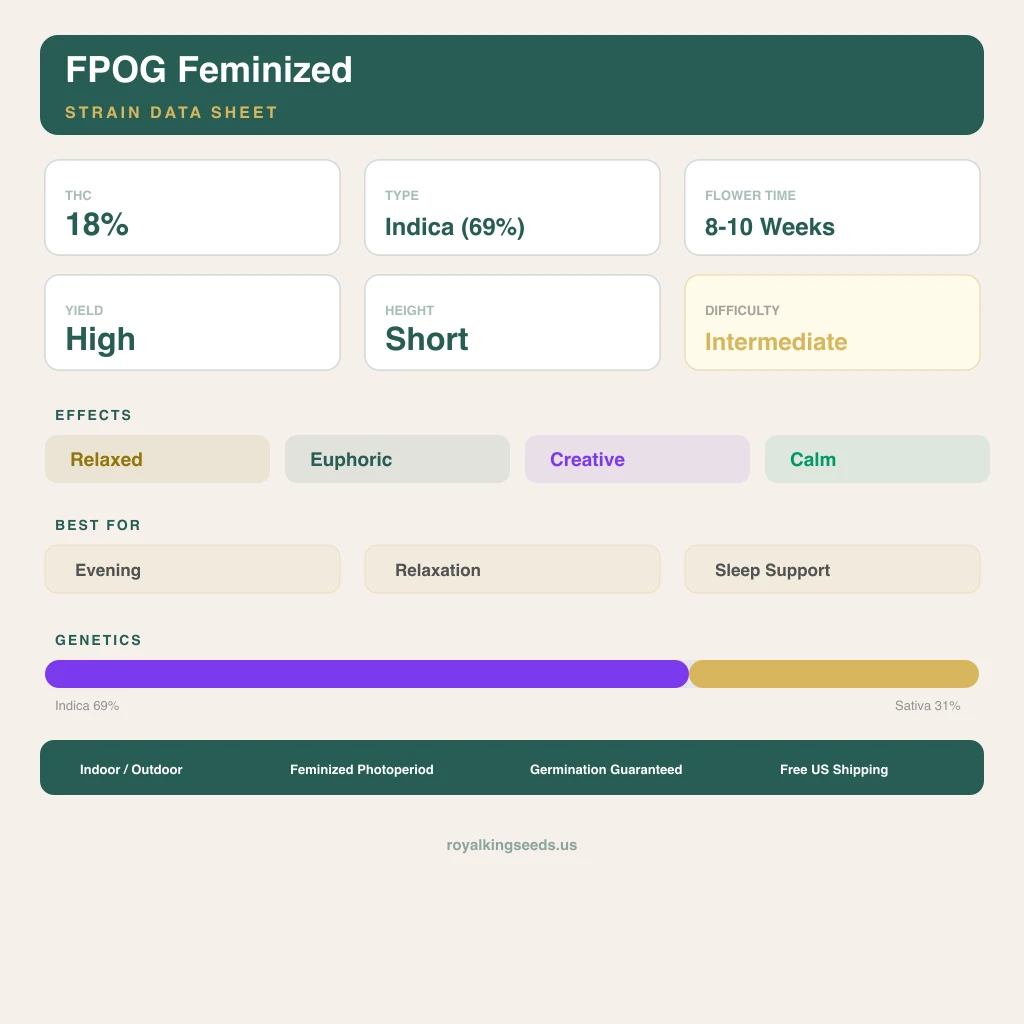FPOG 69% Indica / 31% Sativa — Blüte mit sichtbaren Trichomen