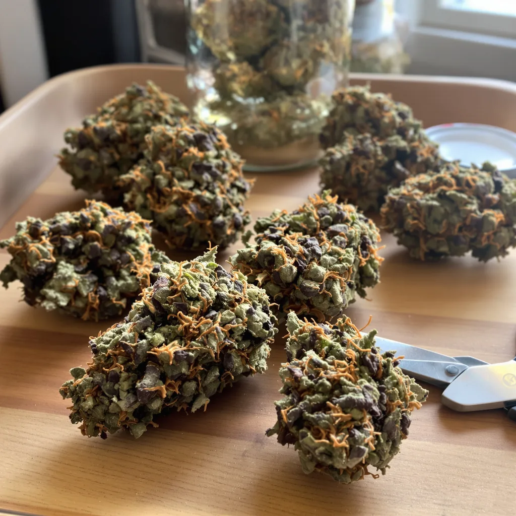 Fresh Cookies 73% Indica / 27% Sativa — Blüte mit sichtbaren Trichomen