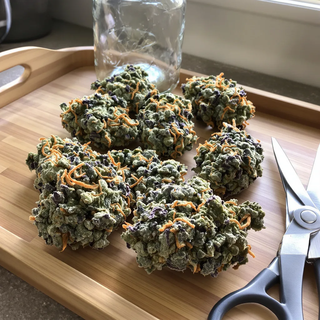 Fruity Pebbles 50% Indica / 50% Sativa — Blüte mit sichtbaren Trichomen