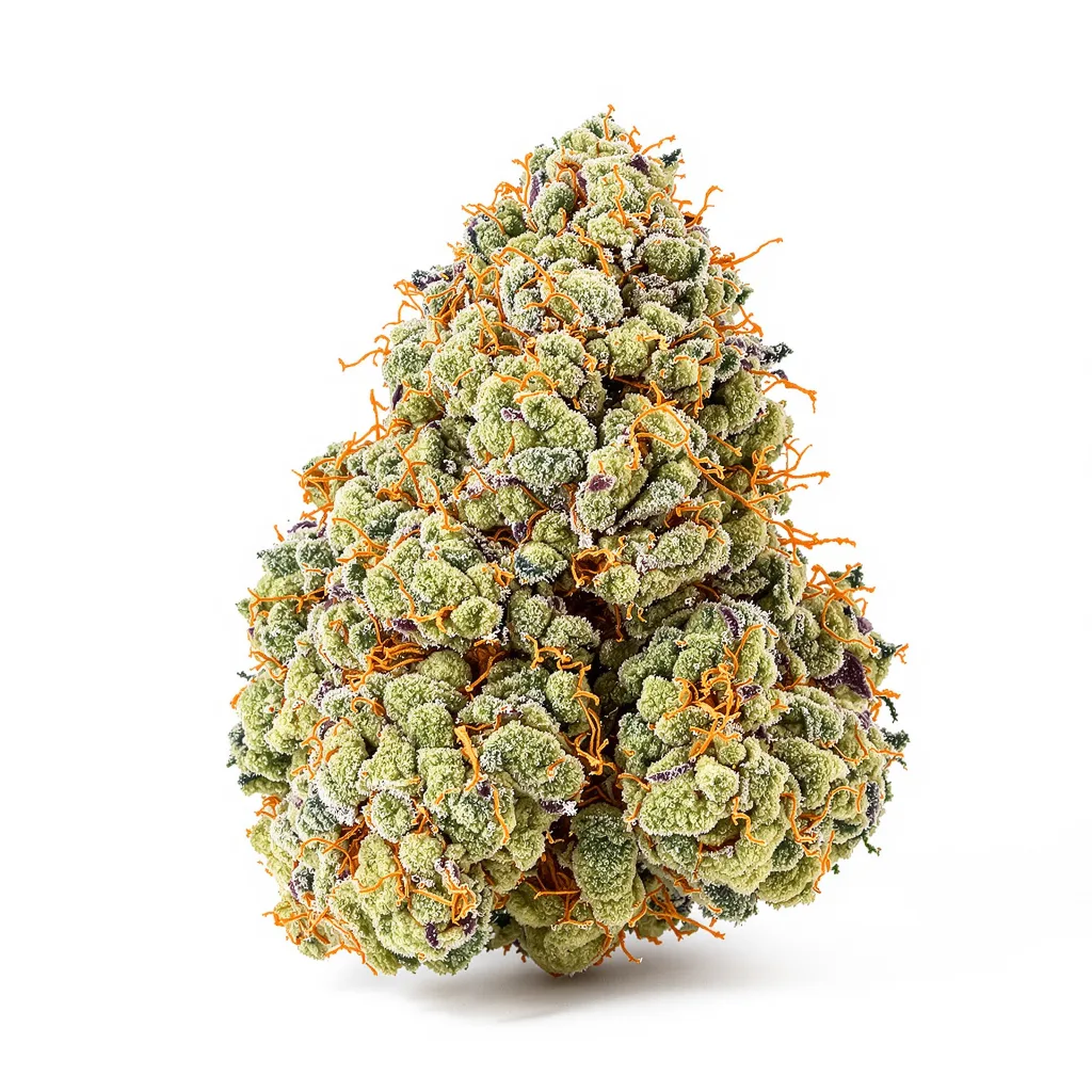 Fruity Pebbles 50% Indica / 50% Sativa — Blüte mit sichtbaren Trichomen