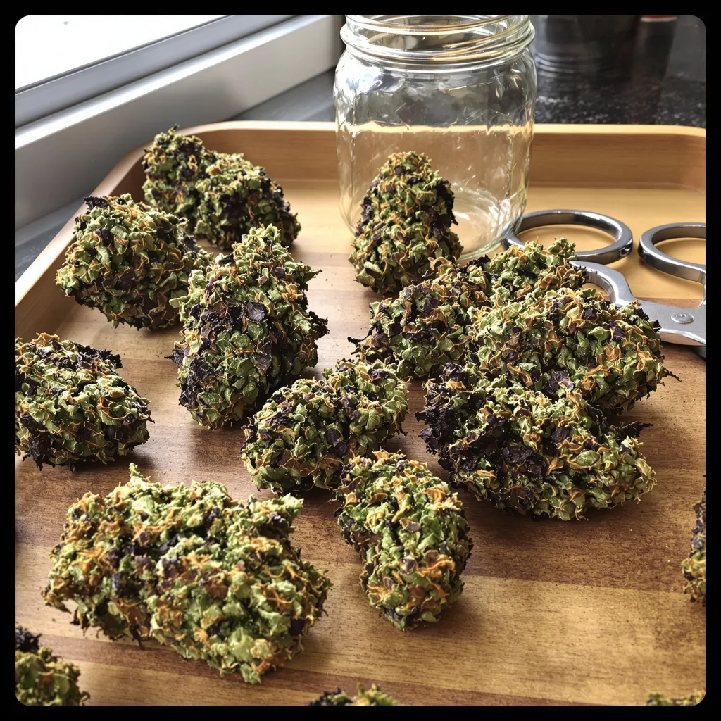 G13 Widow 65% Indica / 35% Sativa — Blüte mit sichtbaren Trichomen