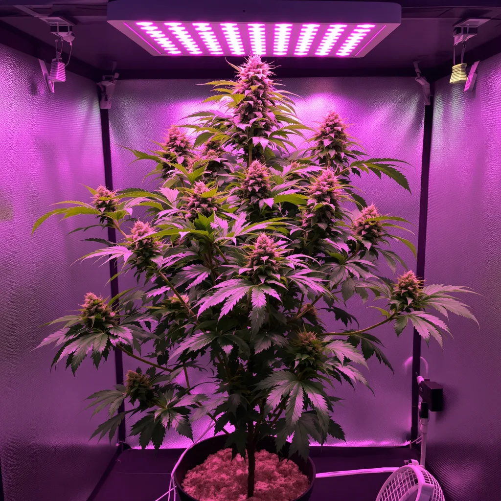 G13 Widow 65% Indica / 35% Sativa — Blüte mit sichtbaren Trichomen