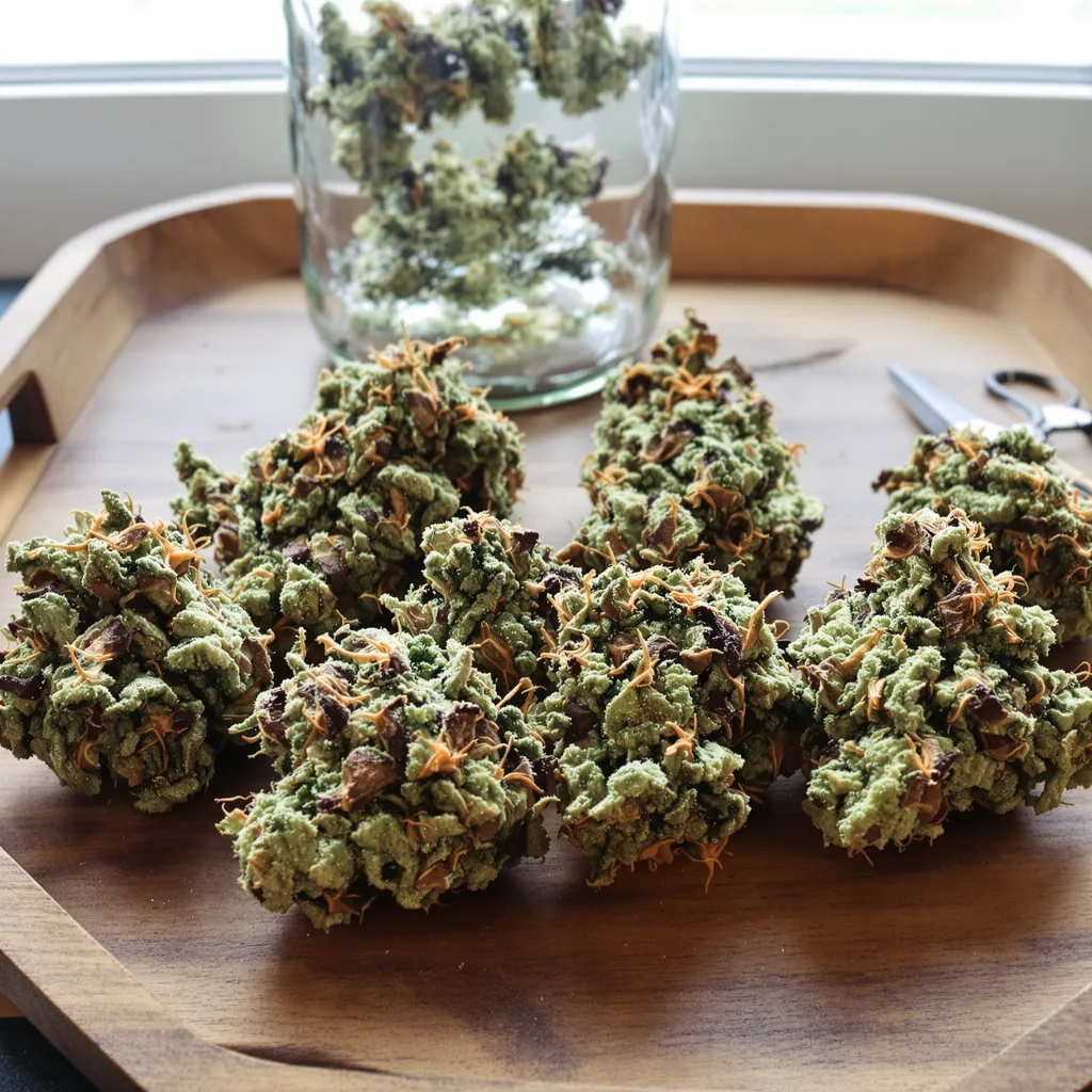Goat Milk 36% Indica / 64% Sativa — Blüte mit sichtbaren Trichomen