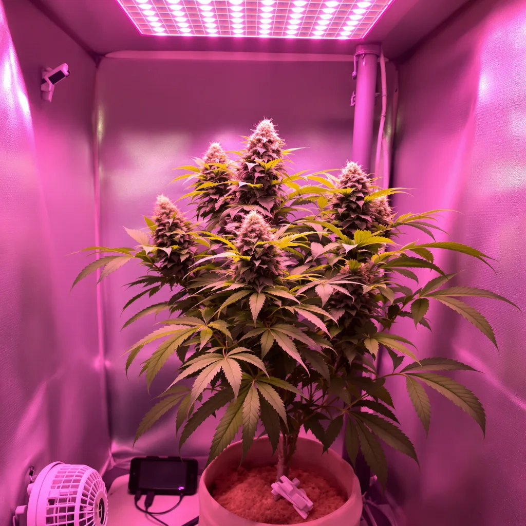 Gobbilygoo 68% Indica / 32% Sativa — Blüte mit sichtbaren Trichomen