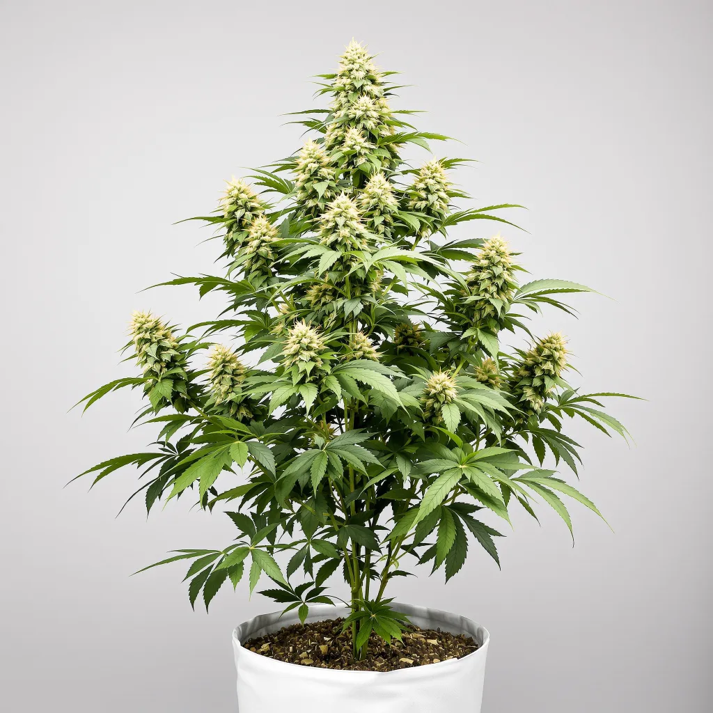 God Bud Cannabisblüte Nahaufnahme mit ausgewogene Blütenstruktur mit eisigen Trichomen
